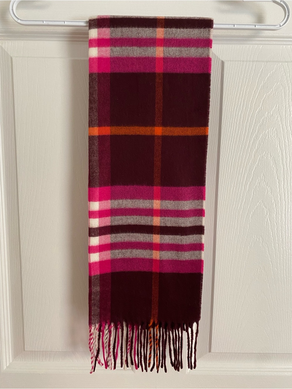 NWOT V. Fraas Cashmink Plaid Scarf Burgundy Magenta Fringe Made in Germany